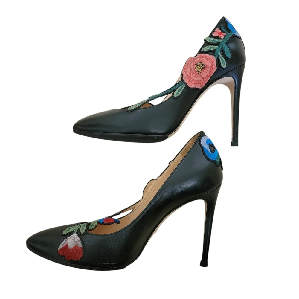Gucci Floral Ophelia Black Leather Heels Embroidered Pointed Toe Pumps 36.5 6.5